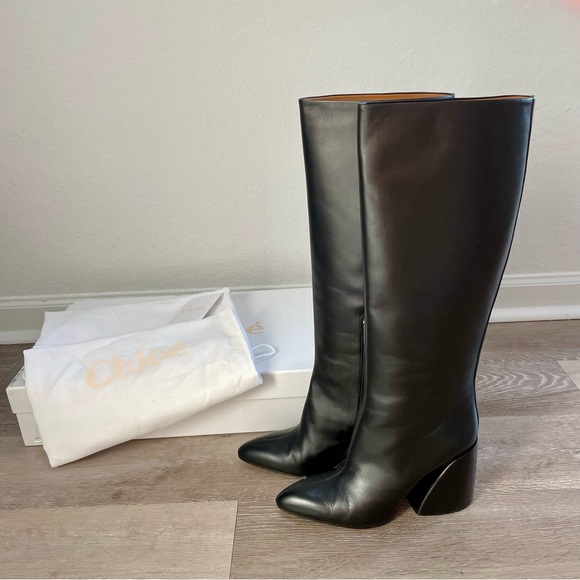 Chloe Wave Black Calf Smooth Leather Knee High Boots with Wave Heel 39 - Picture 2 of 14